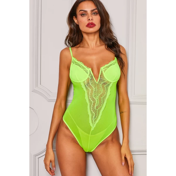 Women's Green Satin Cups Floral Lace Accent Bodysuit