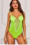 Women's Green Satin Cups Floral Lace Accent Bodysuit