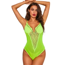 Women's Green Satin Cups Floral Lace Accent Bodysuit