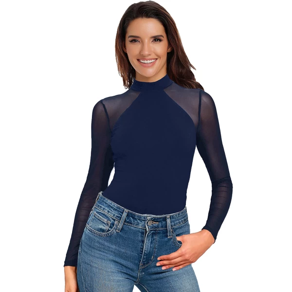 Women's Entrancing Blue Mesh Long Sleeve Bodysuit