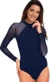 Women's Entrancing Blue Mesh Long Sleeve Bodysuit