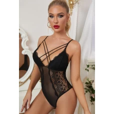 Women's Black Criss Cross Cut-out Lace Sexy Bodysuit