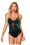 Women's Green Velvet Lace Mesh Stitching Sexy Bodysuit