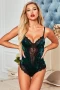 Women's Green Velvet Lace Mesh Stitching Sexy Bodysuit