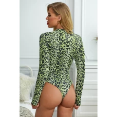 Women's Green Mock Neck Long Sleeve Leopard Print Bodysuit