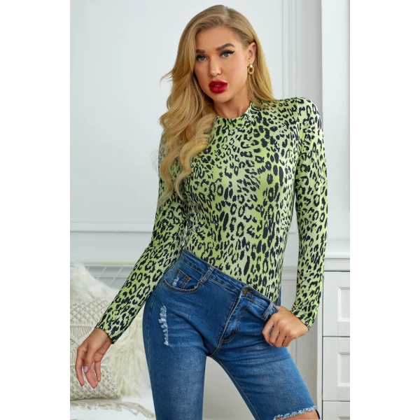 Women's Green Mock Neck Long Sleeve Leopard Print Bodysuit