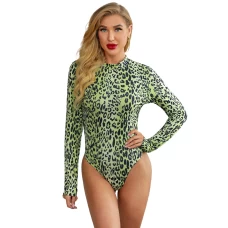 Women's Green Mock Neck Long Sleeve Leopard Print Bodysuit