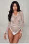 Women's White Daring Sheer Lace Long Sleeve Bodysuit