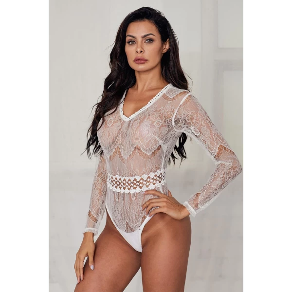 Women's White Daring Sheer Lace Long Sleeve Bodysuit