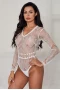 Women's White Daring Sheer Lace Long Sleeve Bodysuit