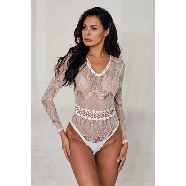 Women's White Daring Sheer Lace Long Sleeve Bodysuit