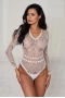 Women's White Daring Sheer Lace Long Sleeve Bodysuit