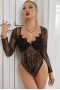 Women's Black Underwire Floral Lace Long Sleeve Bodysuit