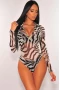 Women's Zebra Print Mesh O-Ring Zipper Bodysuit