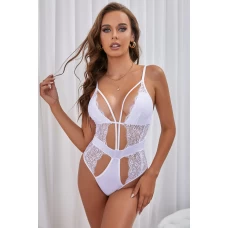 Women's White Lace Patchwork Deep V Neck Sexy Bodysuit