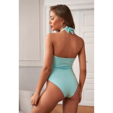 Women's Blue Keyhole Halter Ribbed Bodysuit