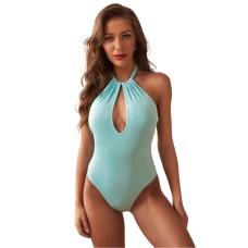 Women's Blue Keyhole Halter Ribbed Bodysuit