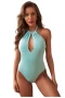 Women's Blue Keyhole Halter Ribbed Bodysuit