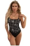 Women's Black Lace Mesh Patchwork High Cut Bodysuit