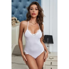 Women's White Halter Neck Lace Patchwork Backless Bodysuit