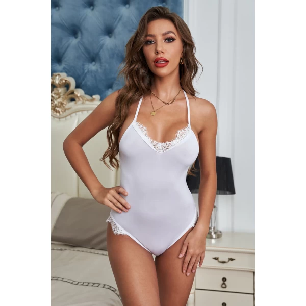 Women's White Halter Neck Lace Patchwork Backless Bodysuit