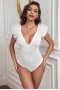 Women's White V Neck Mesh Patch Sleeve Bodysuit