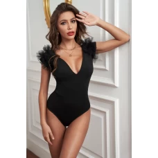 Women's Black V Neck Mesh Patch Sleeve Bodysuit