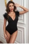 Women's Black V Neck Mesh Patch Sleeve Bodysuit