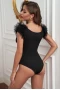 Women's Black V Neck Mesh Patch Sleeve Bodysuit