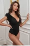 Women's Black V Neck Mesh Patch Sleeve Bodysuit