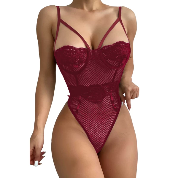 Women's Red Lace Splicing Mesh Bodysuit