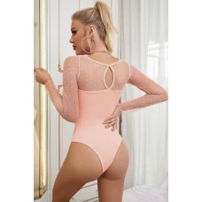 Women's Pink Polka Dot Mesh Patch Sleeve Bodysuit