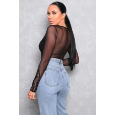 Women's Black Mesh Long Sleeve Lace Plunge Bodysuit