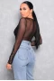 Women's Black Mesh Long Sleeve Lace Plunge Bodysuit