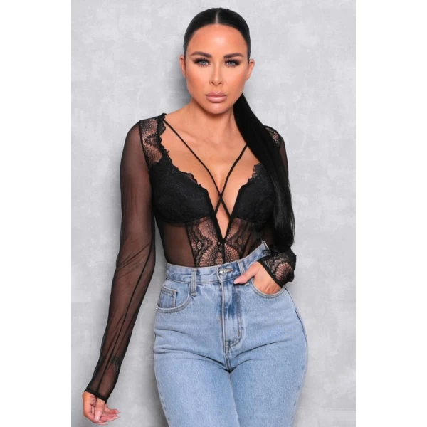 Women's Black Mesh Long Sleeve Lace Plunge Bodysuit