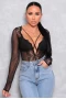 Women's Black Mesh Long Sleeve Lace Plunge Bodysuit