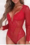 Women's Red Mesh Long Sleeve Lace Plunge Bodysuit