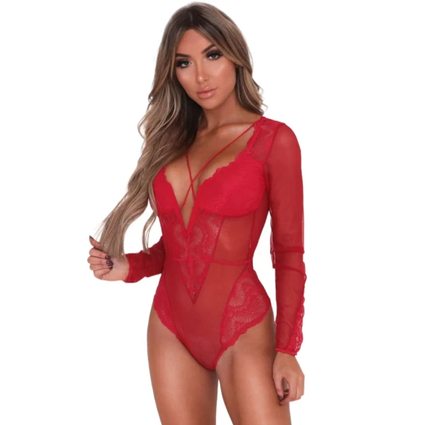 Women's Red Mesh Long Sleeve Lace Plunge Bodysuit