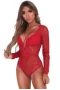 Women's Red Mesh Long Sleeve Lace Plunge Bodysuit