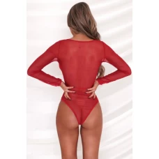 Women's Red Mesh Long Sleeve Lace Plunge Bodysuit