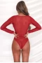 Women's Red Mesh Long Sleeve Lace Plunge Bodysuit