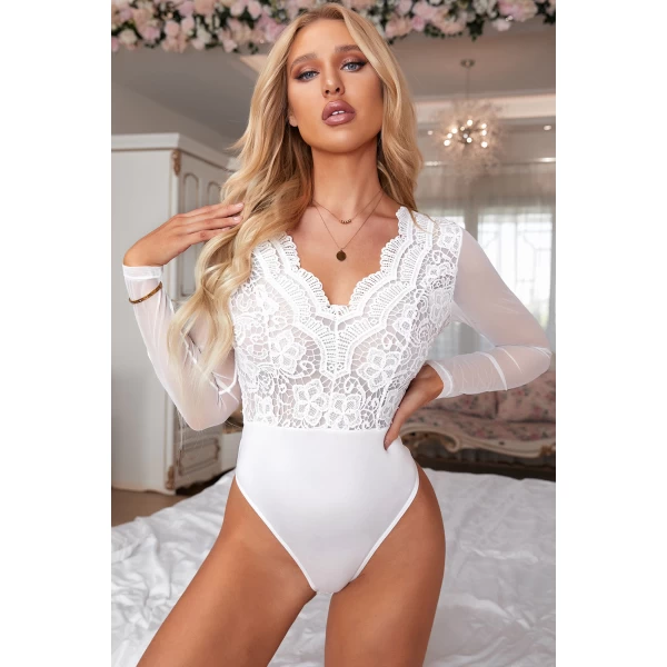 Women's White Long Sleeve Lace V Neck Mesh Bodysuit