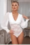 Women's White Bubble Sleeve Scalloped Lace Bodysuit