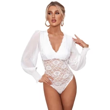 Women's White Bubble Sleeve Scalloped Lace Bodysuit