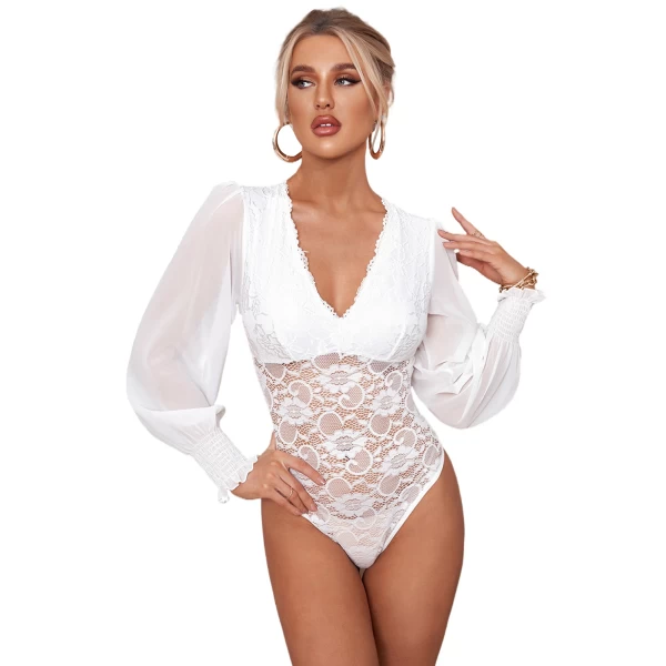 Women's White Bubble Sleeve Scalloped Lace Bodysuit