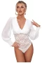 Women's White Bubble Sleeve Scalloped Lace Bodysuit