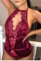 Women's Burgundy Halter Neck Hollow-out Lace Velvet Backless Bodysuit