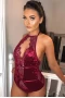 Women's Burgundy Halter Neck Hollow-out Lace Velvet Backless Bodysuit