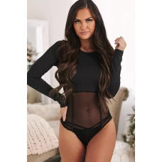 Women's Black Mesh Splicing Long Sleeve Bodysuit