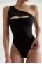 Women's Black Ribbed Cut-out One Shoulder Bodysuit